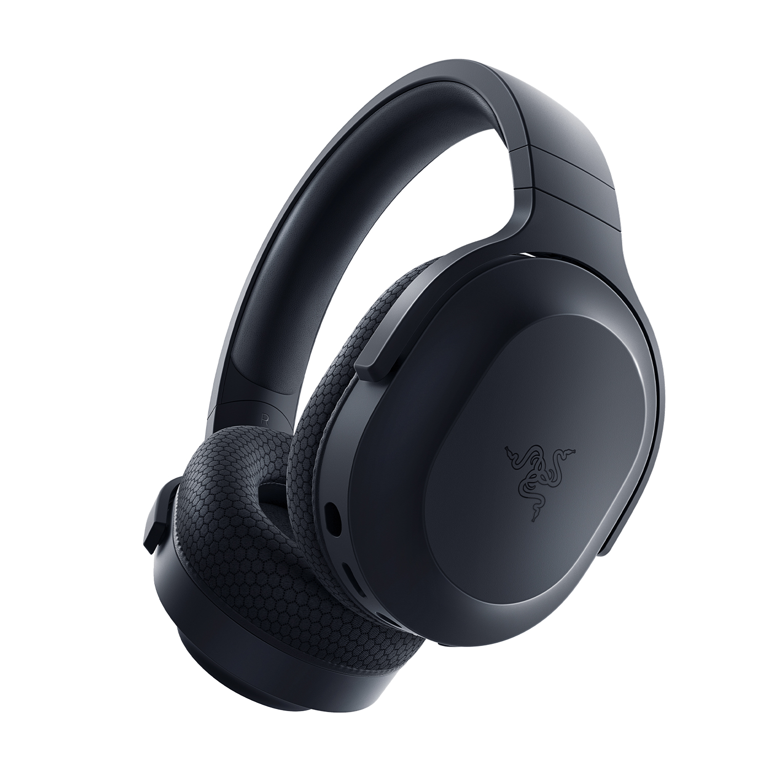 Cuffie Razer nere, vista angolata, che mostrano i padiglioni auricolari e l'archetto.
