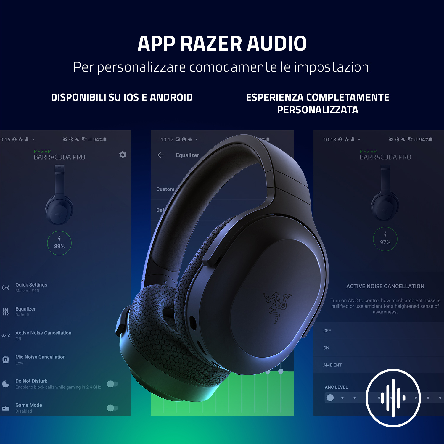 Schermata dell'app Razer Audio che mostra le cuffie. Le opzioni includono impostazioni rapide, equalizzatore e ANC.
