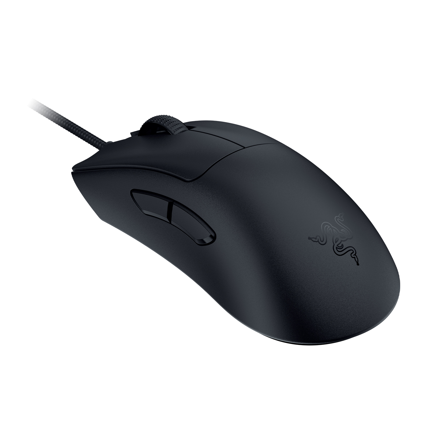 Mouse da gioco nero con pulsanti laterali e logo Razer su sfondo bianco.