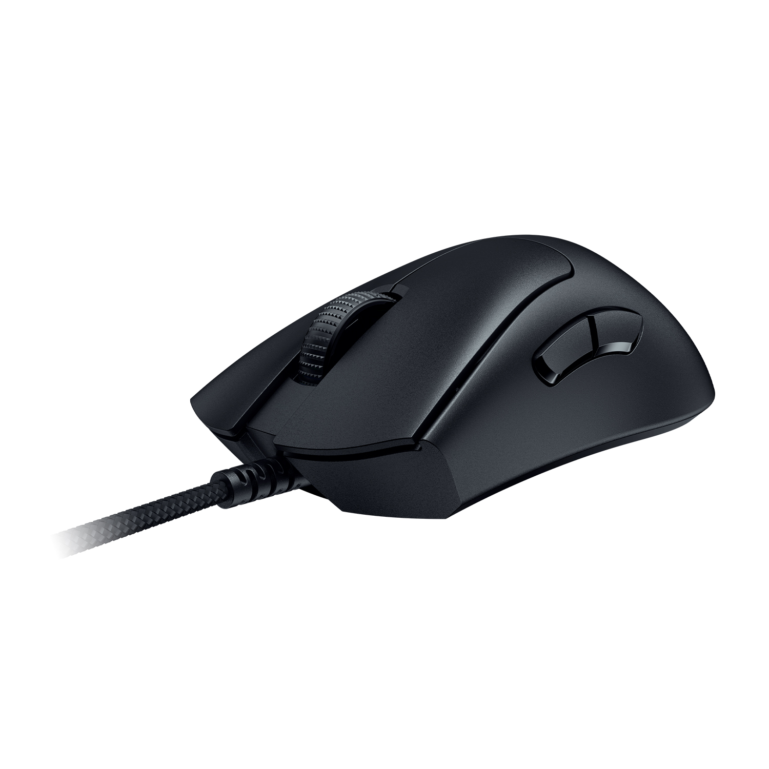 Mouse da gaming nero con rotella di scorrimento e due pulsanti laterali, collegato a un cavo intrecciato.