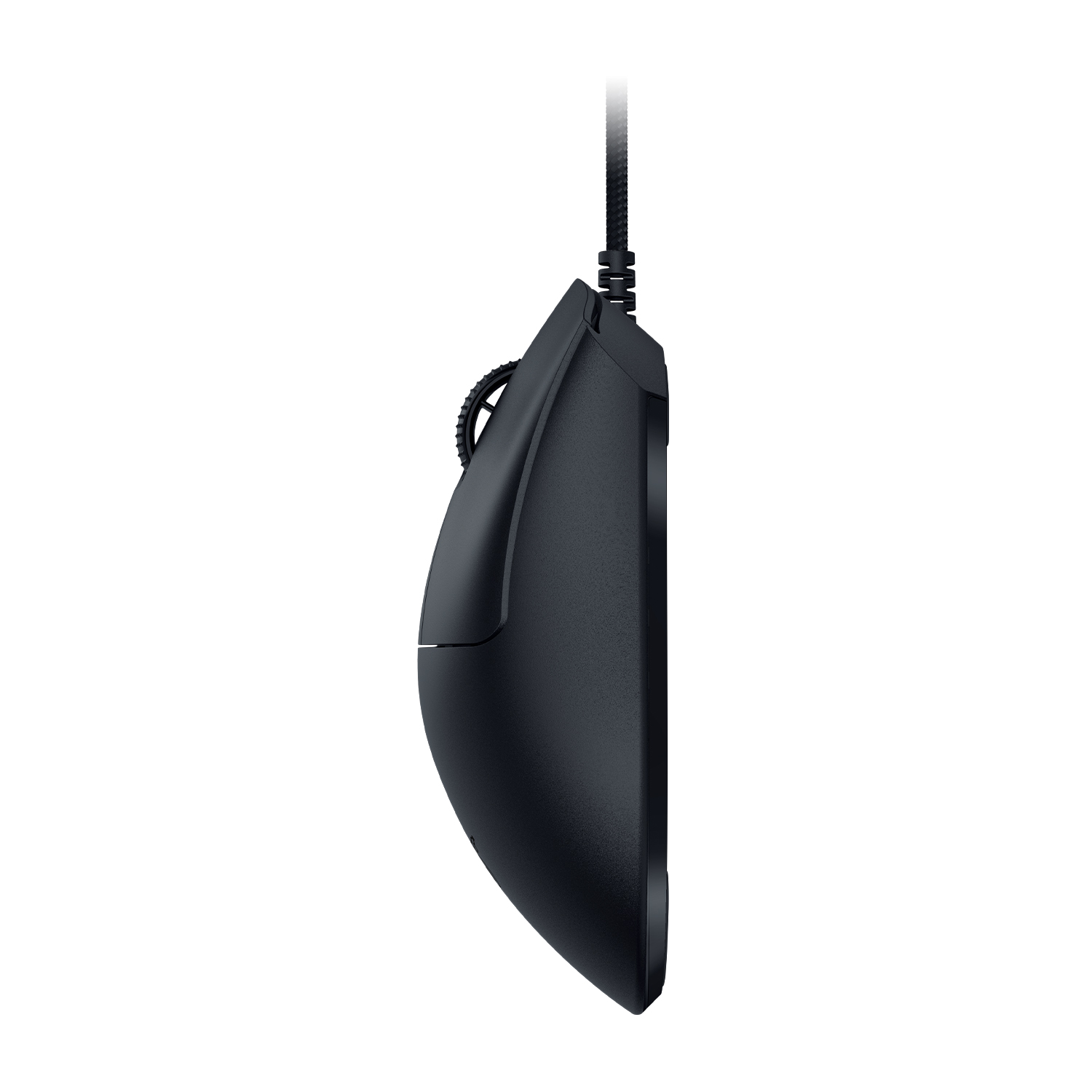 Vista laterale di un mouse per computer nero con un cavo nero.
