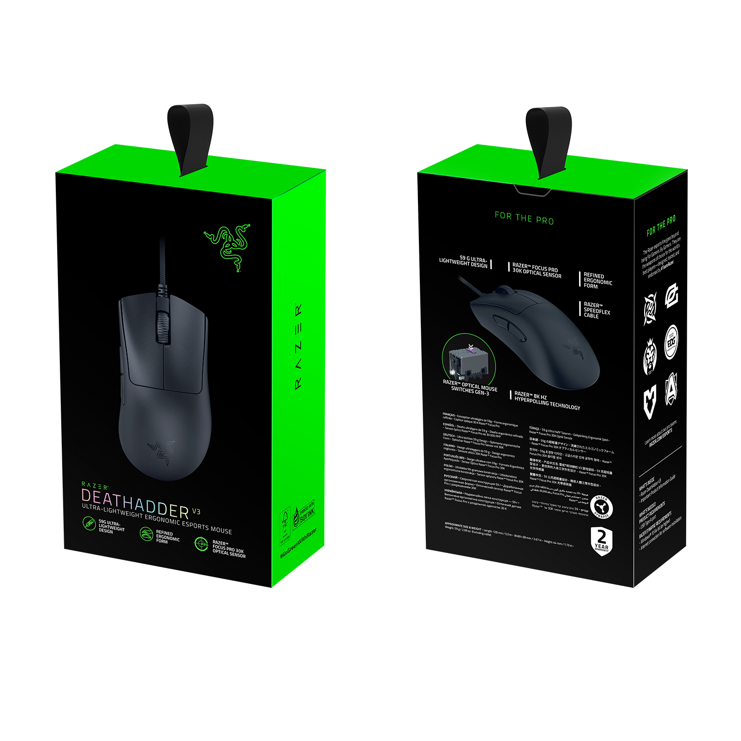 Scatola del mouse, mouse nero all'interno. Scatola verde e nera con logo e dettagli Razer.