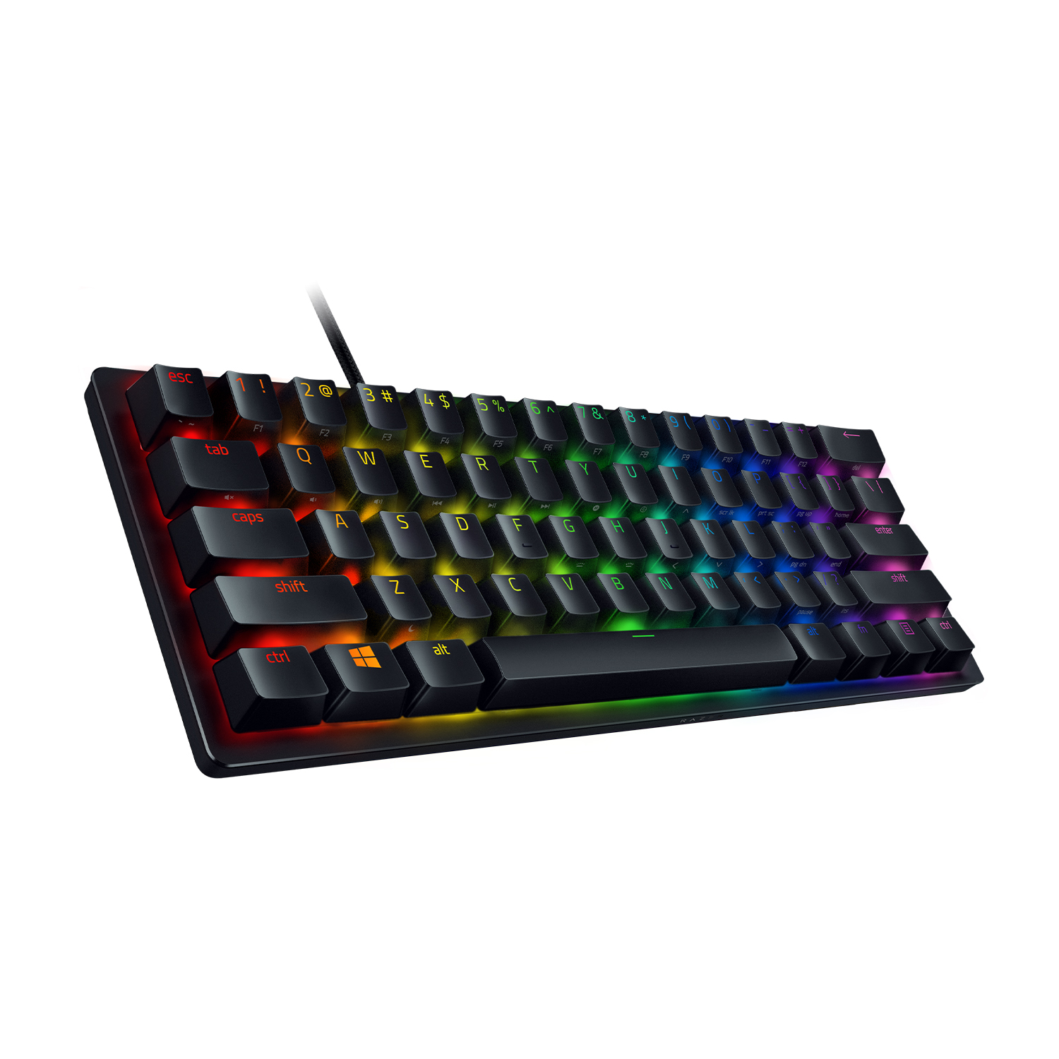 Tastiera Razer nera con tasti retroilluminati colorati. Layout compatto.