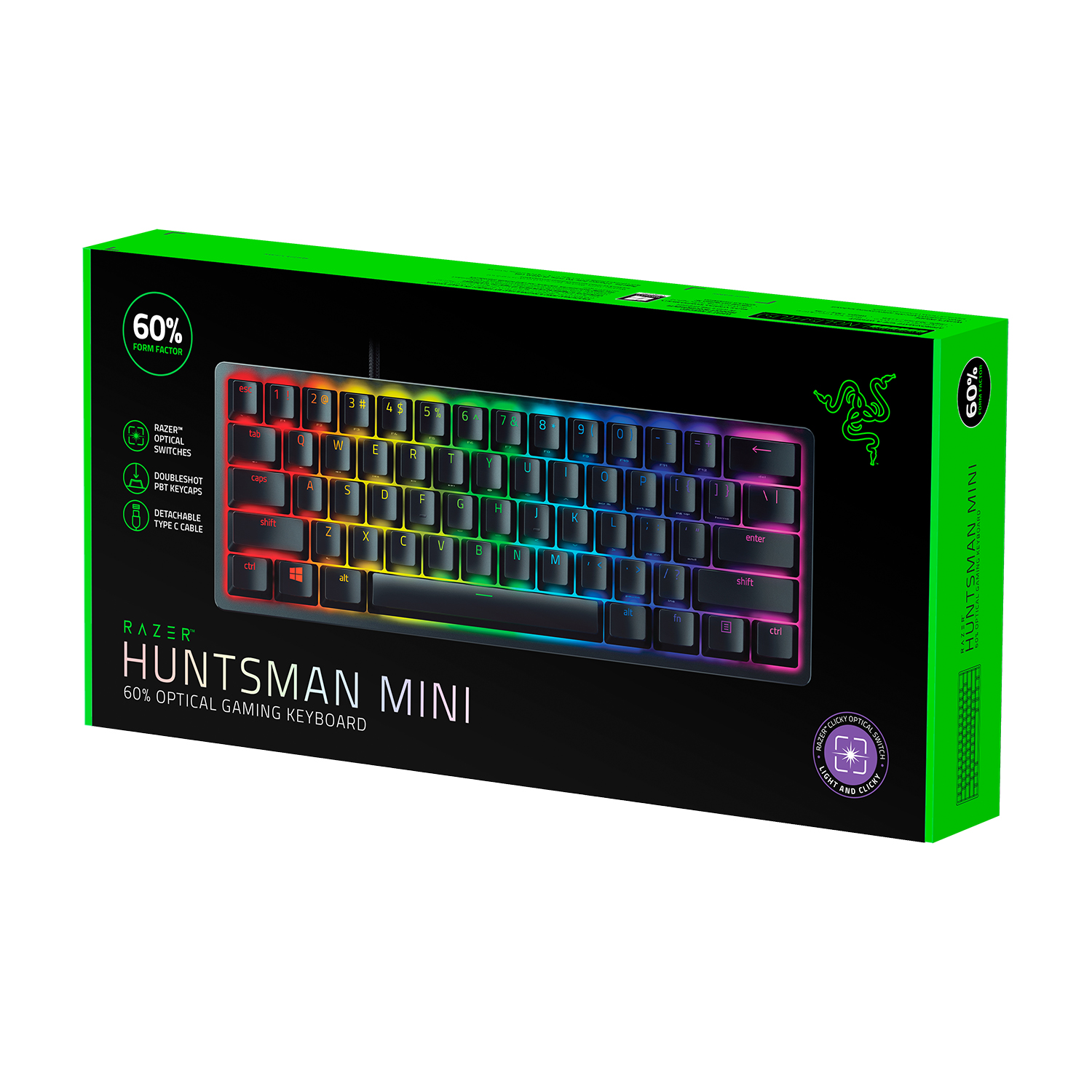 Scatola di una tastiera da gioco ottica Razer Huntsman Mini 60%, con tasti arcobaleno visualizzati.