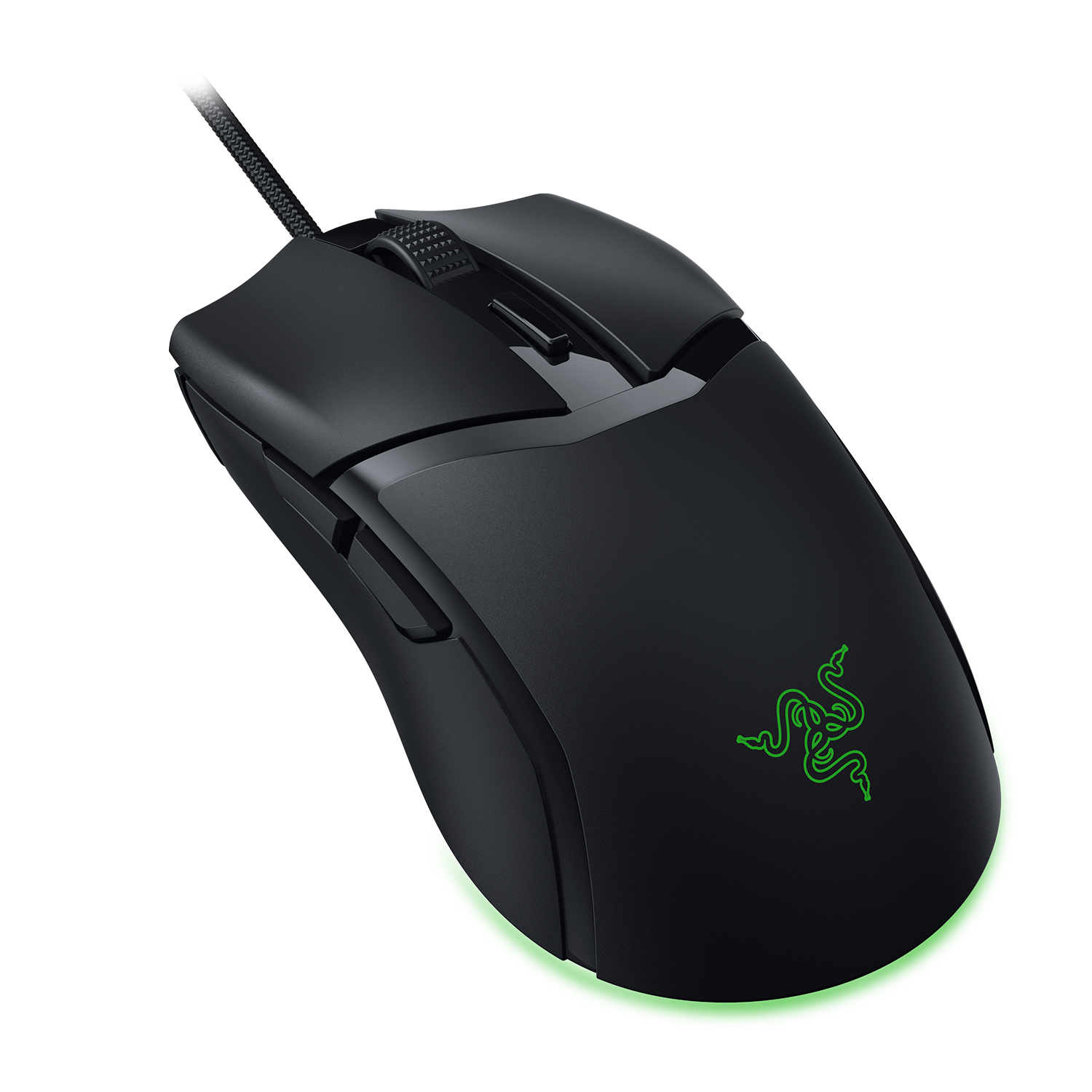 Mouse da gioco Razer nero con logo verde, cavo e pulsanti sopra e sul lato.
