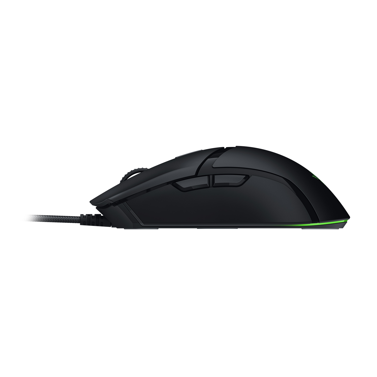 Mouse da gioco Razer nero, vista laterale. Ha pulsanti laterali e un accento verde in basso.