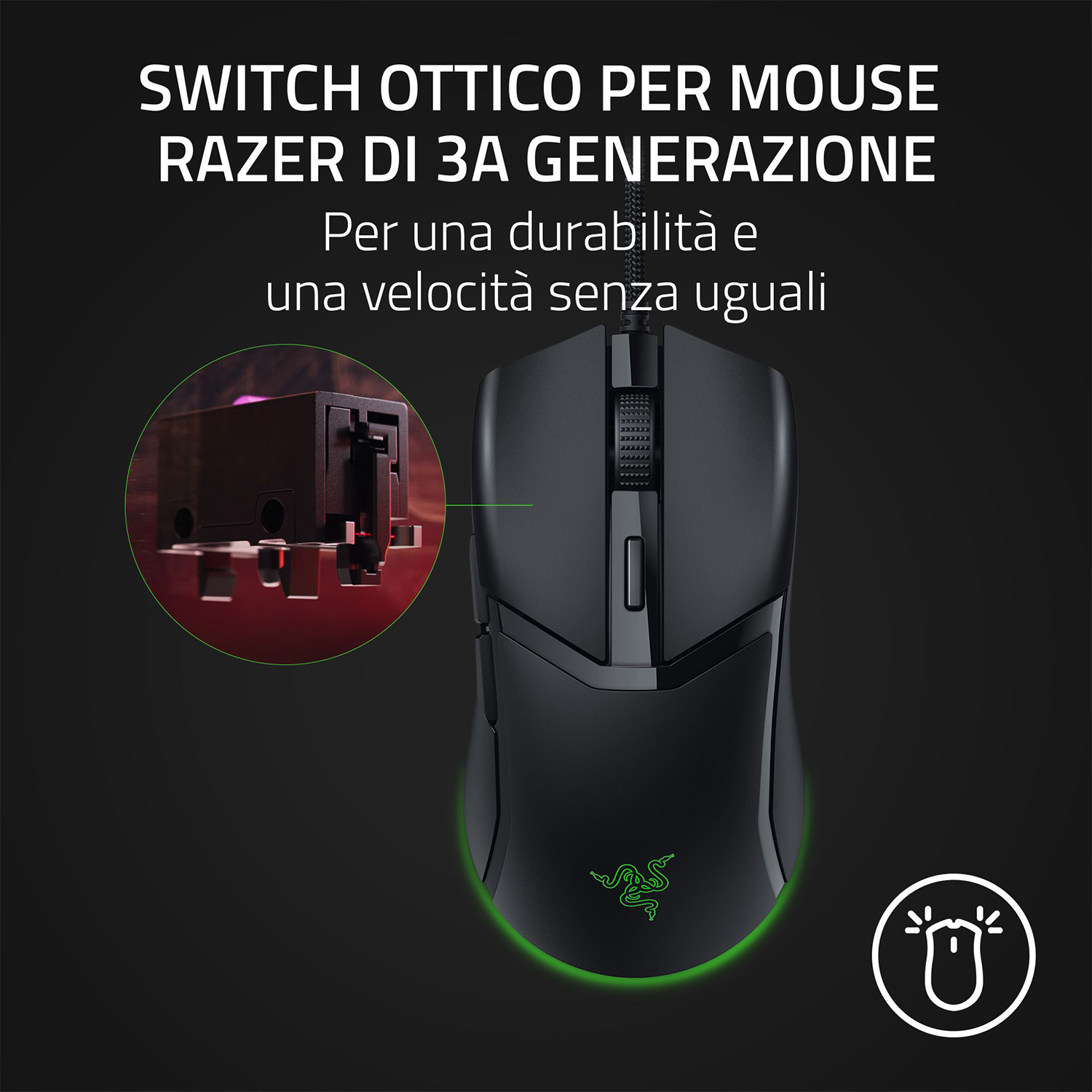 Mouse Razer con il logo Razer. L'immagine mostra un primo piano del mouse e dell'interruttore.