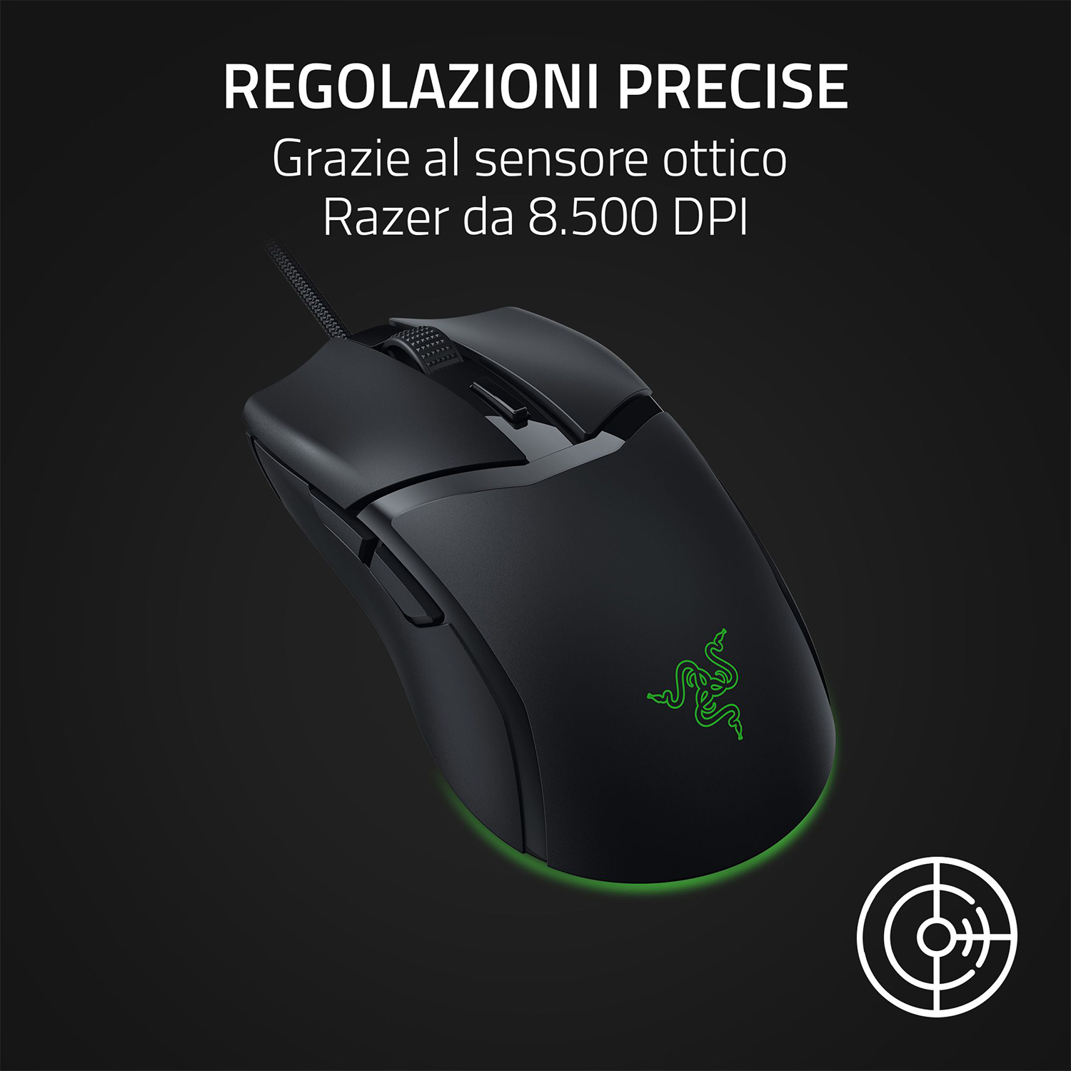 Un mouse da gaming Razer nero con logo verde brillante e simbolo bersaglio, con testo che descrive le funzionalità.