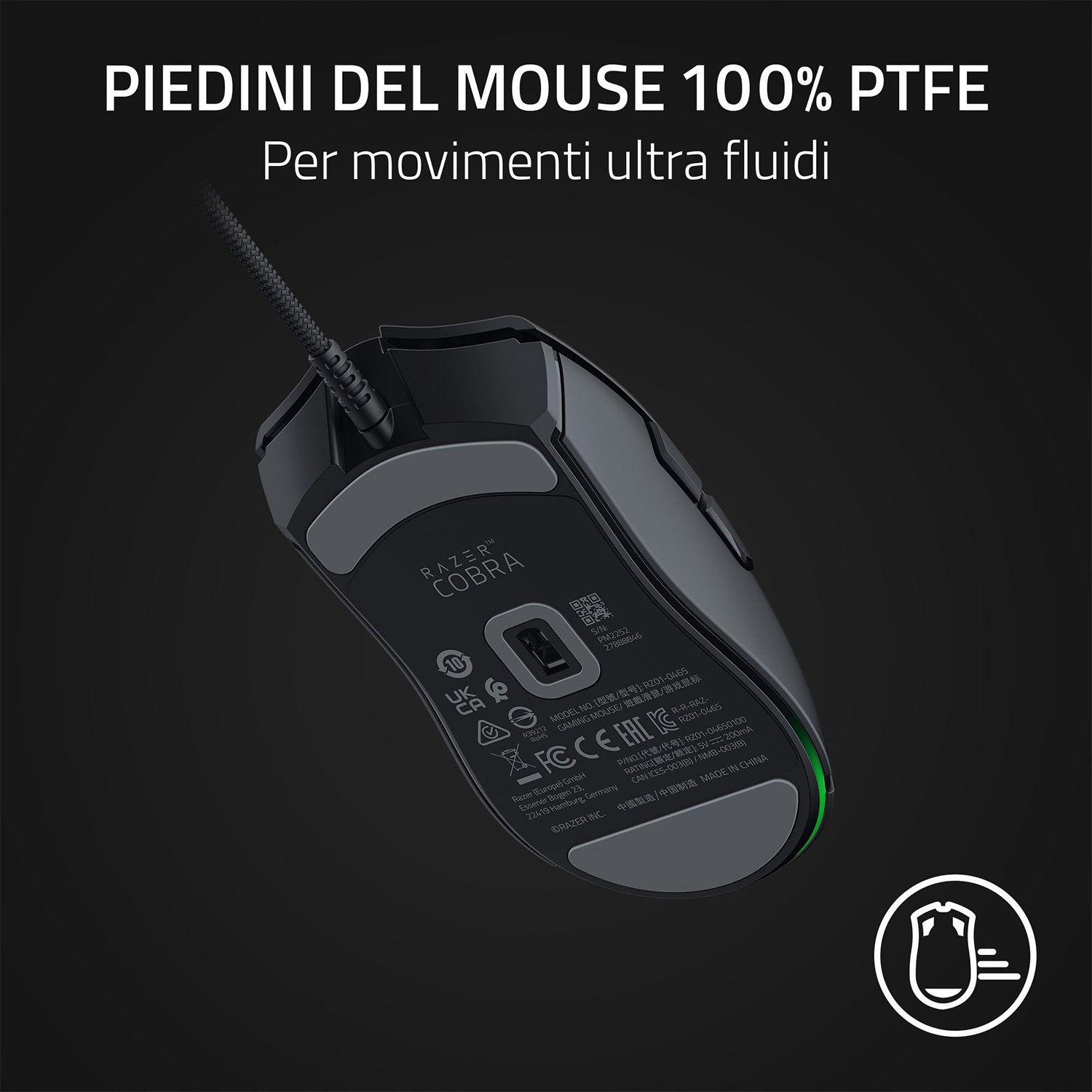 Mouse da gioco nero con cavo, vista inferiore.