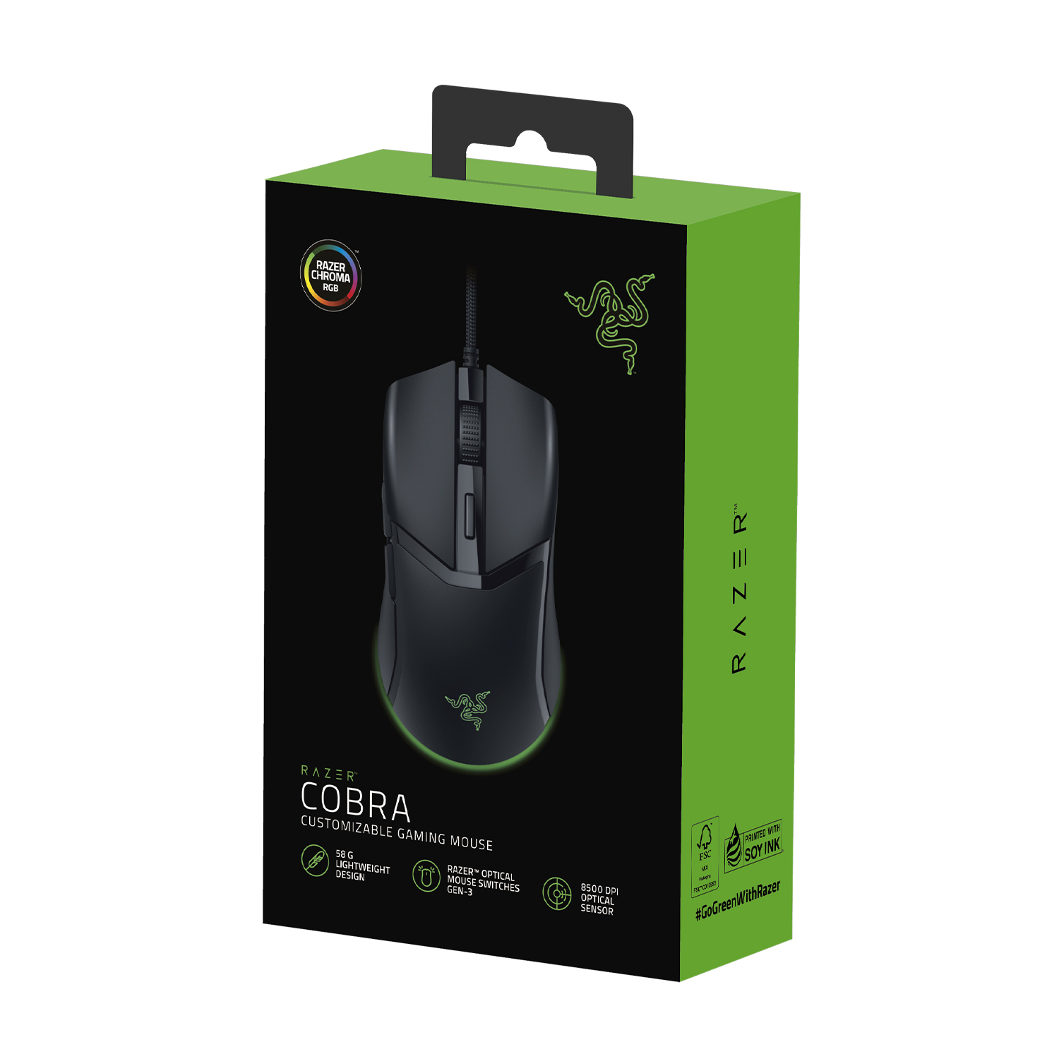 Mouse da gioco Razer Cobra nero in una scatola verde e nera. La scatola ha un manico.