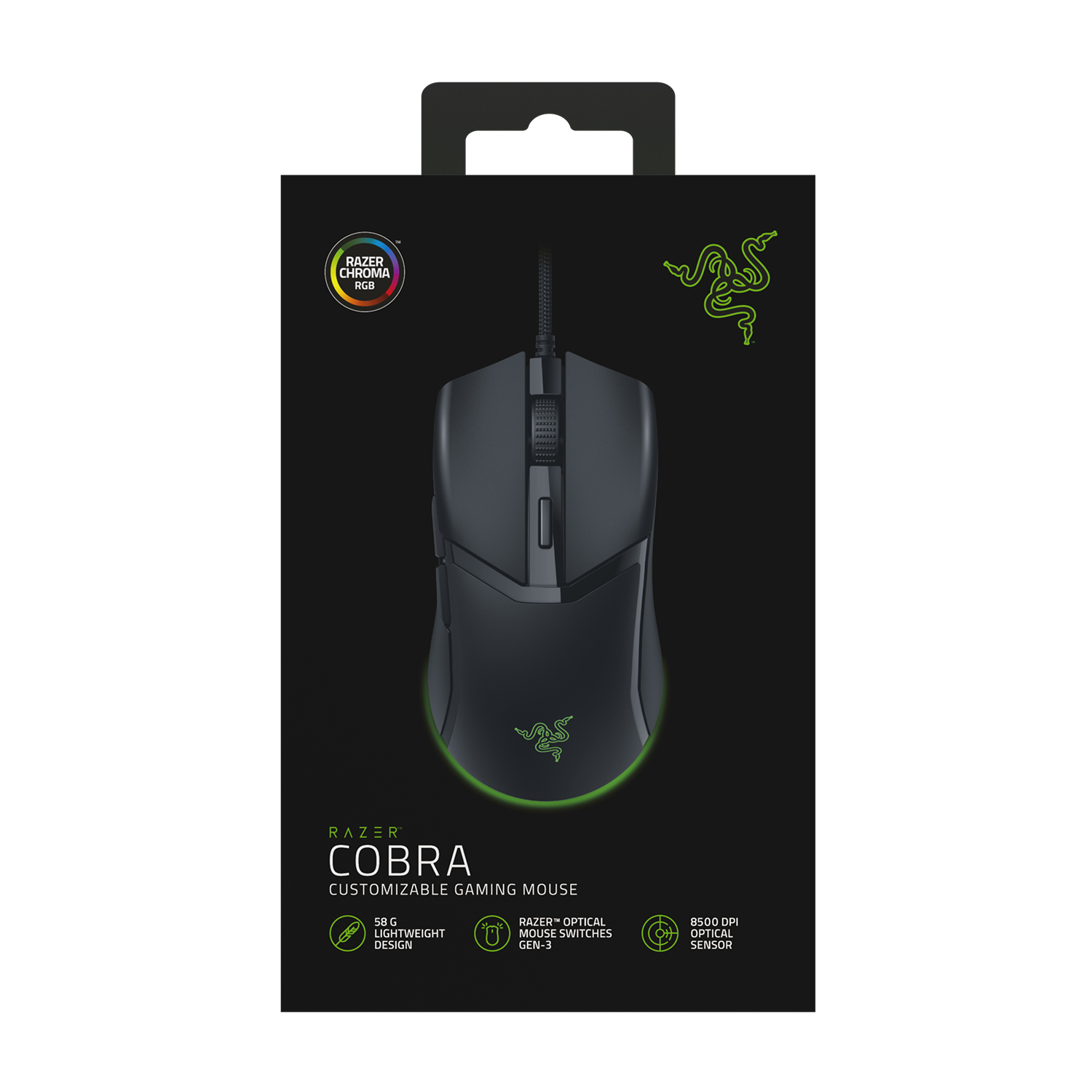 Un mouse da gioco Razer Cobra in una scatola, nero con illuminazione RGB e funzioni personalizzabili.