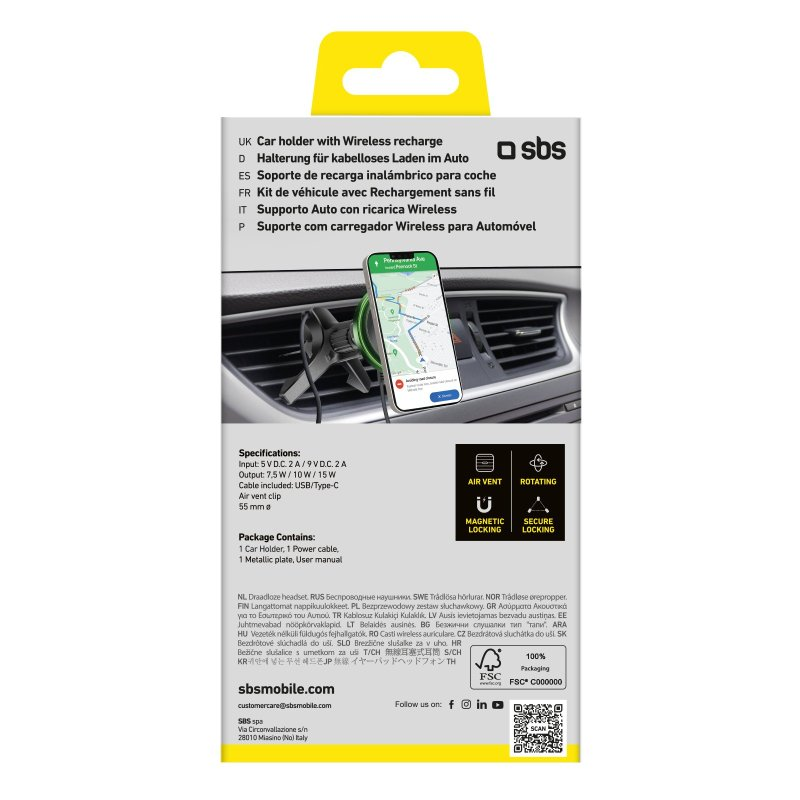 Verpackung für Autotelefonhalterung mit Telefon, Armaturenbrett und Text in mehreren Sprachen.