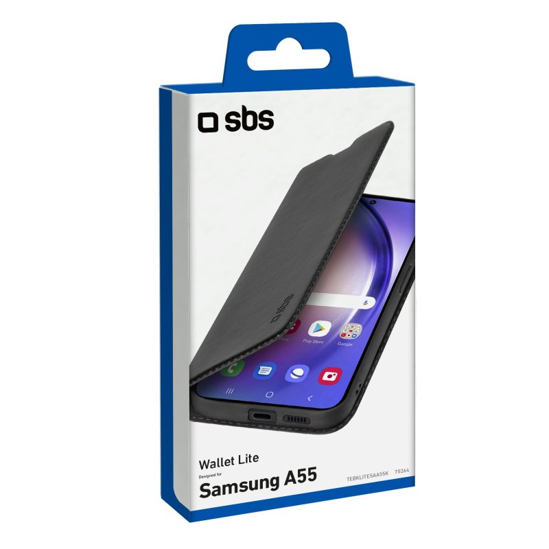 Eine Box mit einem Telefon in einer Hülle im Brieftaschenstil, mit der Marke 'sbs' sichtbar.