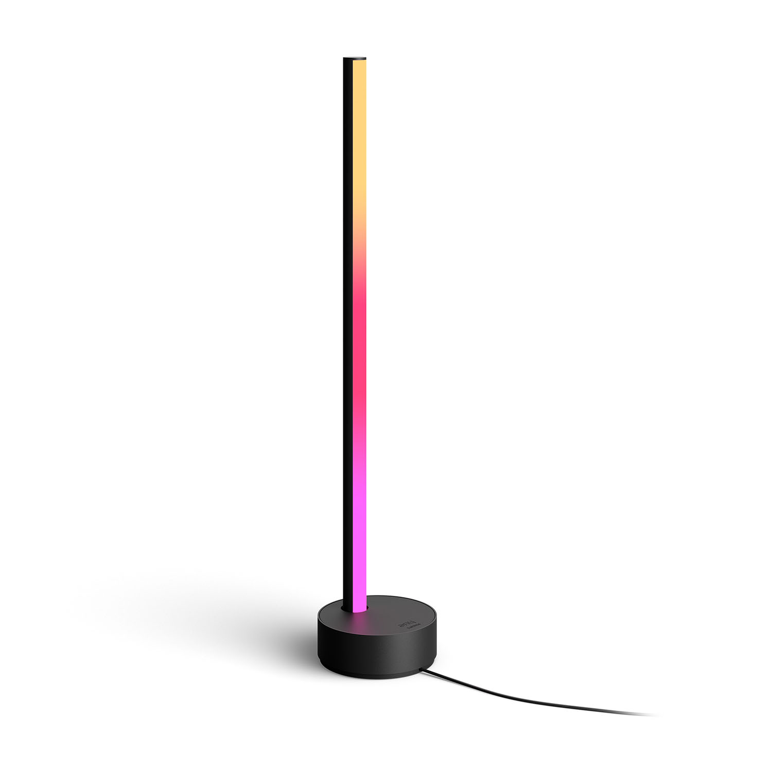Una barra luminosa nera e multicolore su una base nera, con un cavo nero.