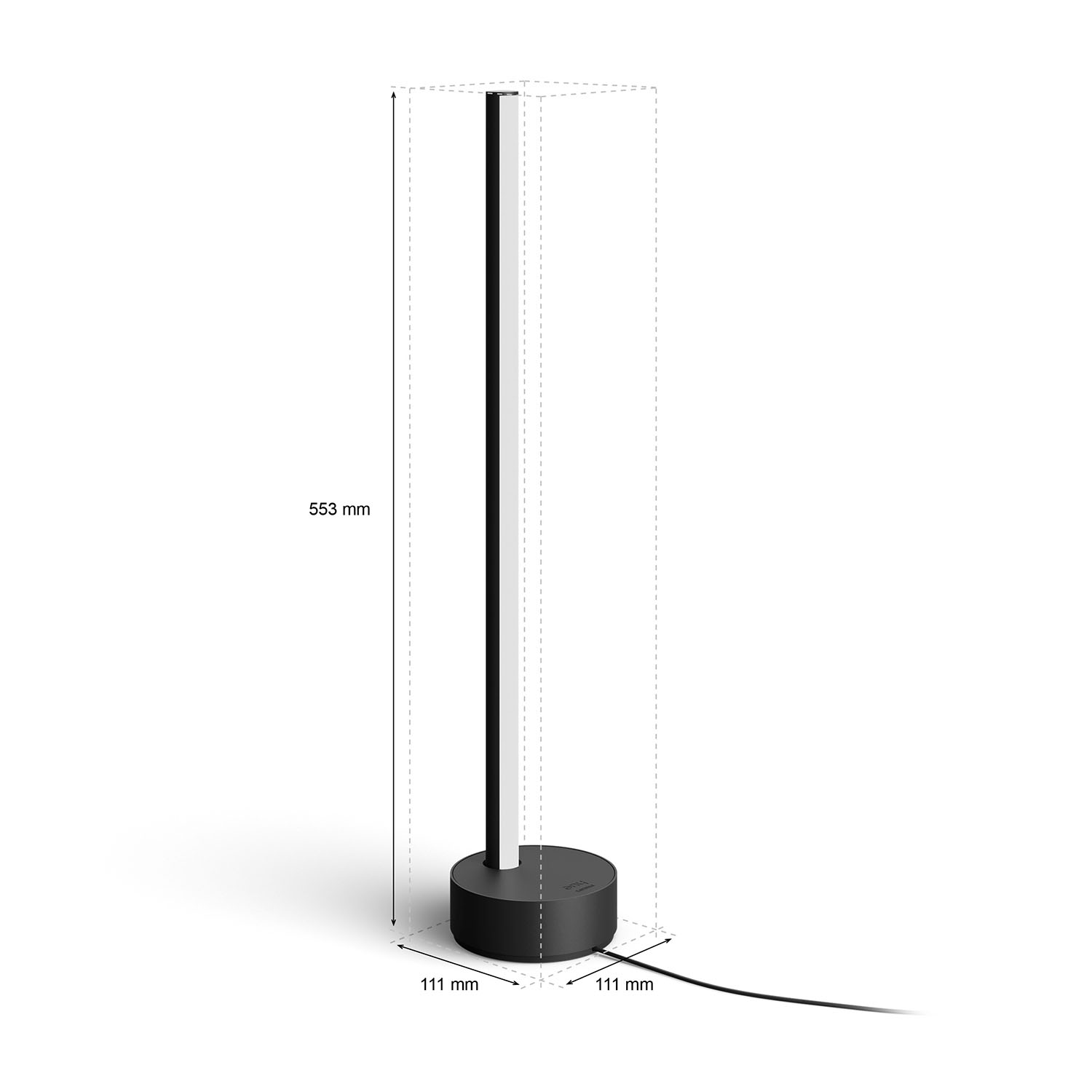 Una lampada nera con base rotonda e luce verticale, dimensioni mostrate.