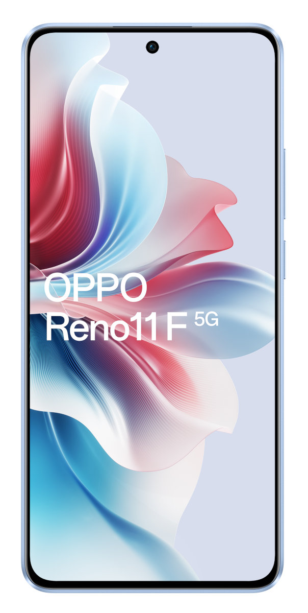 Jasnoniebieski smartfon Oppo Reno11F 5G. Wyświetlacz pokazuje kolorowy, abstrakcyjny wzór kwiatowy.
