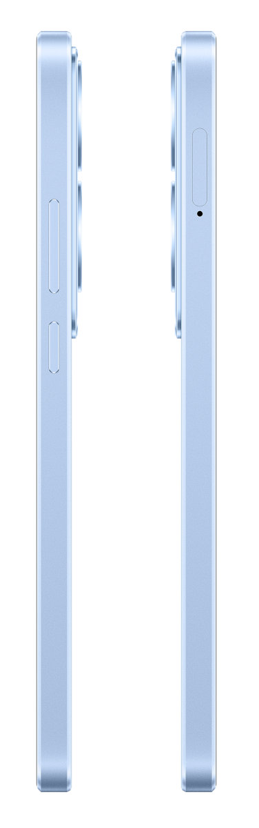 Jasnoniebieski smartfon, widok z boku, z przyciskami głośności i zasilania, na białym tle.