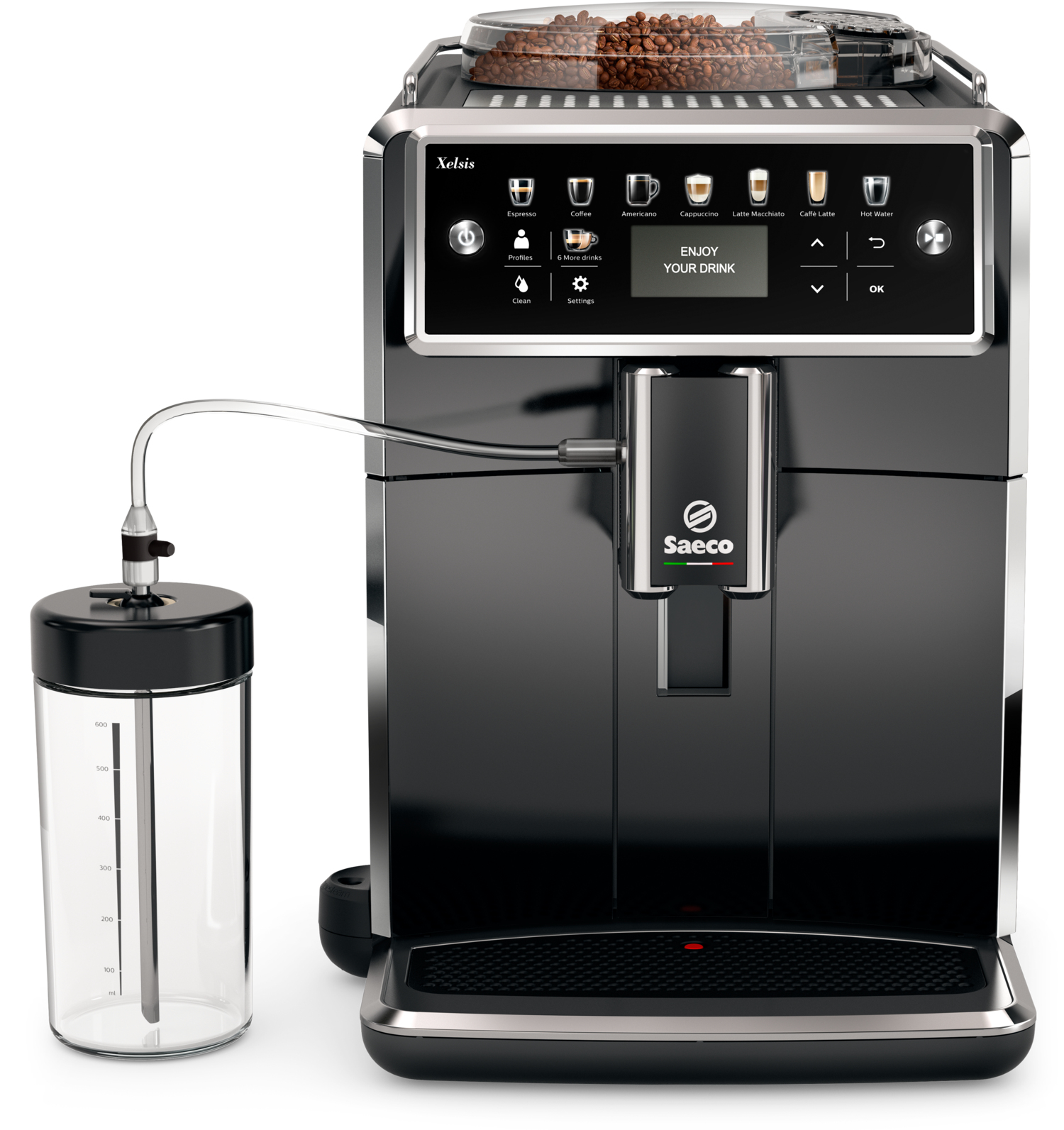 SAECO Kaffeevollautomat Xelsis SM7580/00 Piano Black  Kaffeevollautomat (Klavierlack-Schwarz, Keramikmahlwerk, 15 bar, externer Milchbehälter)