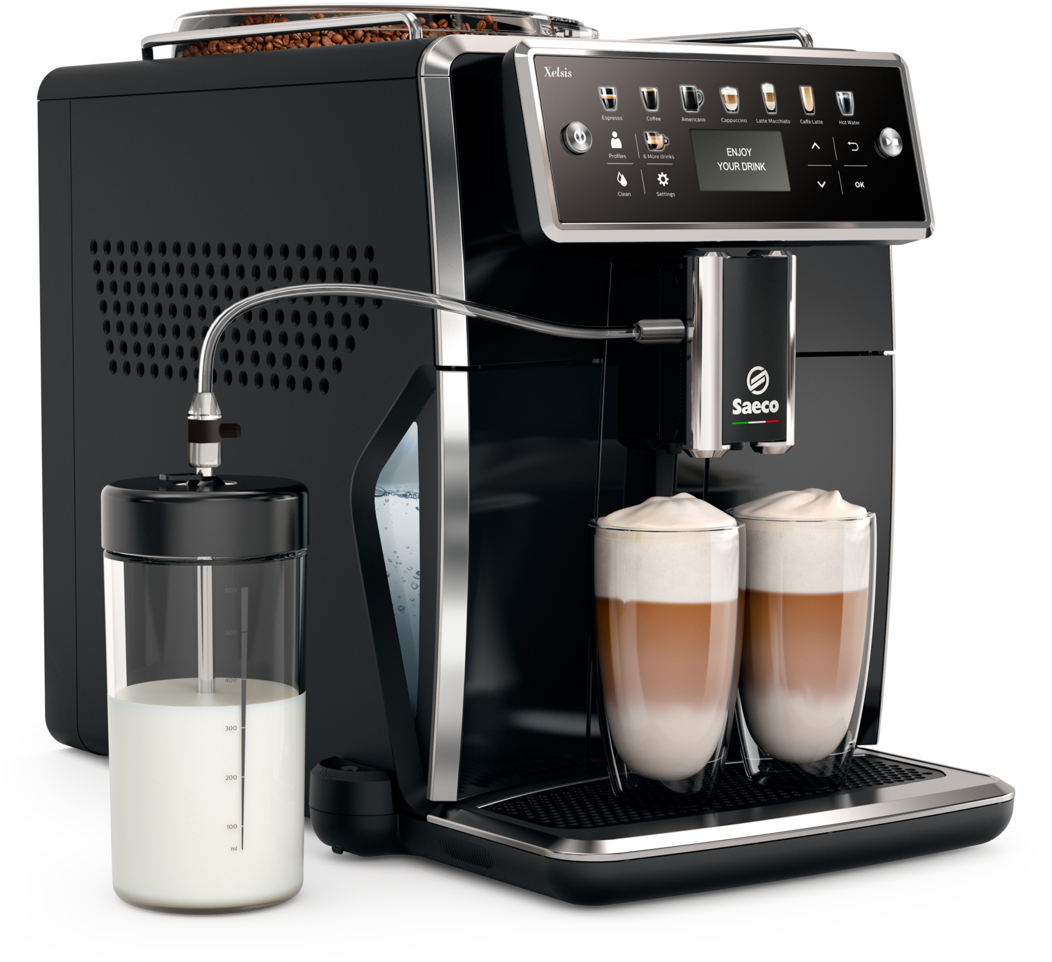 SAECO Kaffeevollautomat Xelsis SM7580/00 Piano Black  Kaffeevollautomat (Klavierlack-Schwarz, Keramikmahlwerk, 15 bar, externer Milchbehälter)