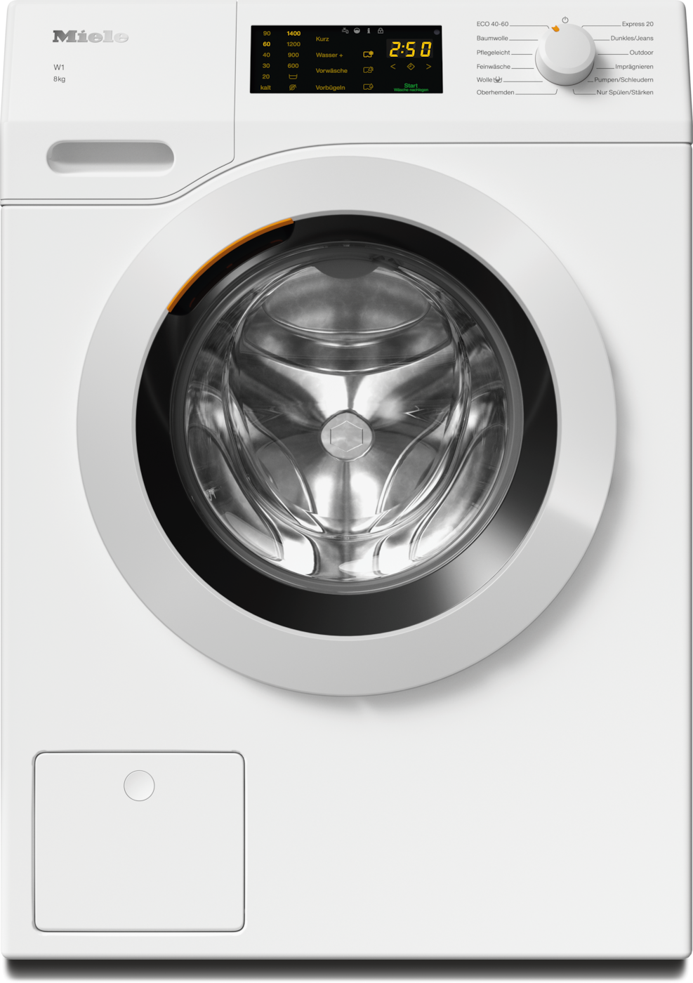 Weiße Miele Waschmaschine. Mit schwarzer Bullaugentür und Bedienfeld mit Digitalanzeige.