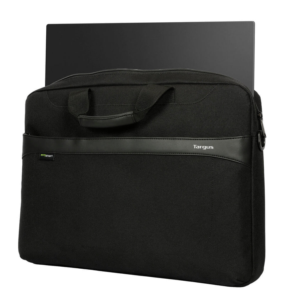Bolso negro para portátil, parcialmente abierto, con un portátil dentro.