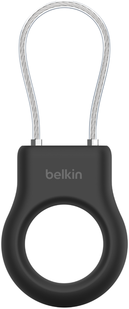 Egy fekete Belkin AirTag tartó ezüst huzalhurkolással. A tartón egy kör alakú nyílás található.