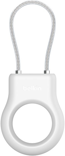 Fehér Belkin gyűrű ezüst huzalburokkal, egyszerű dizájn.