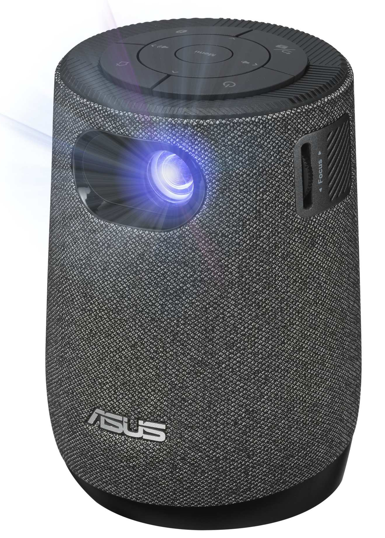 Czarny i szary przenośny projektor z świecącą niebieską soczewką. Tekst na górze: Menu, Power itp.