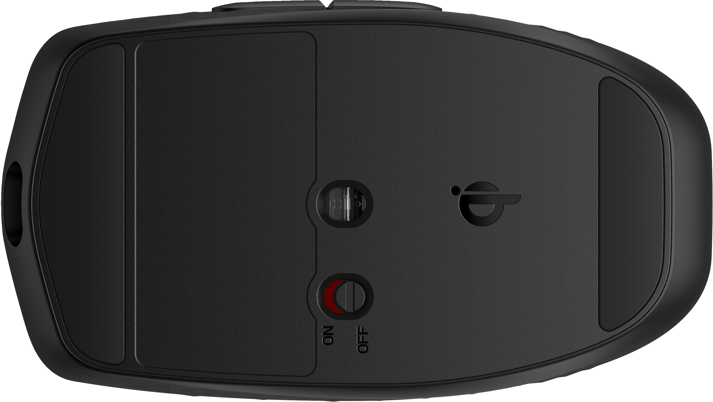 Dessous d'une souris d'ordinateur noire avec interrupteur marche/arrêt et bouton.