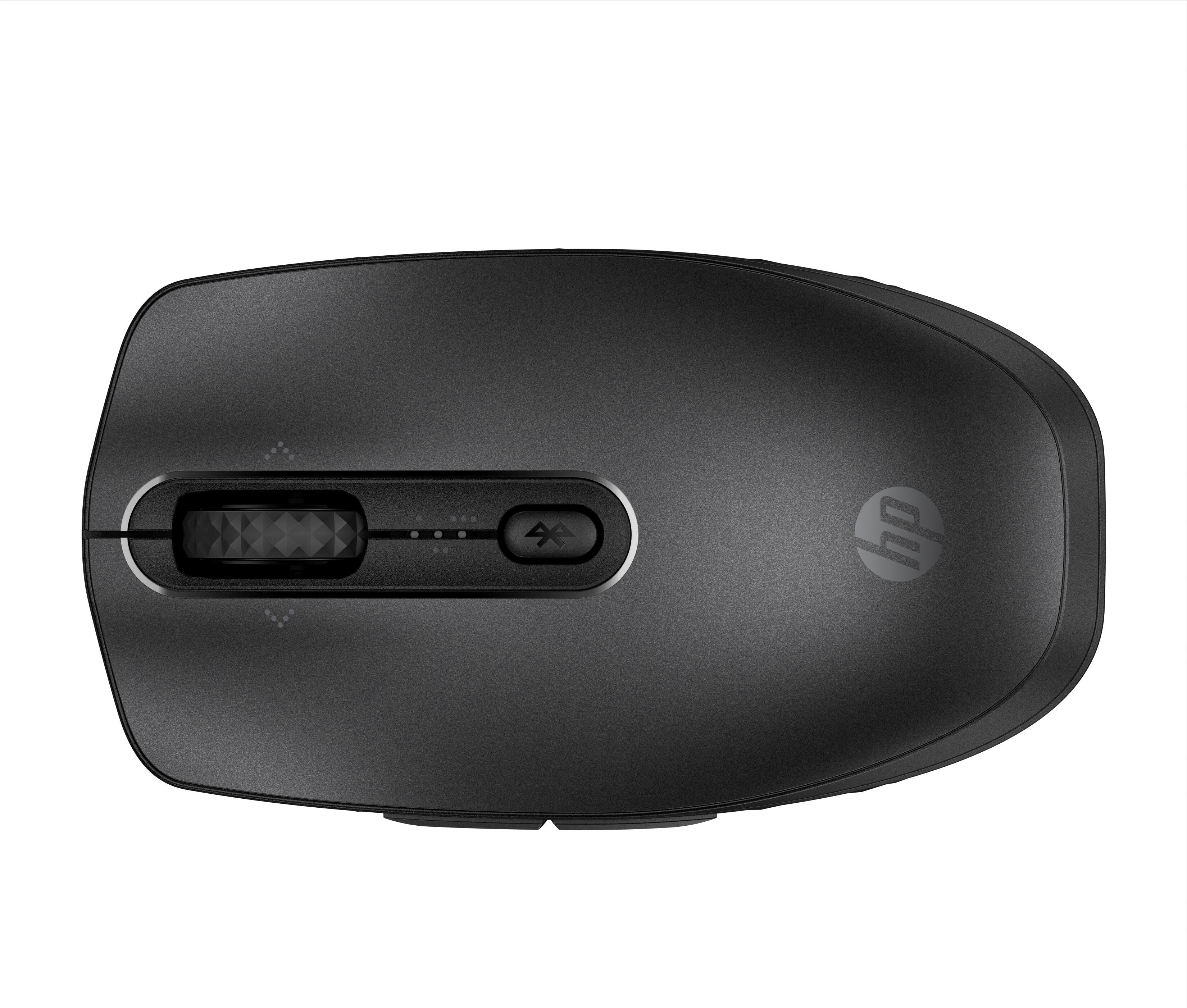Souris sans fil HP noire, vue de dessus. Possède une molette et un bouton Bluetooth.
