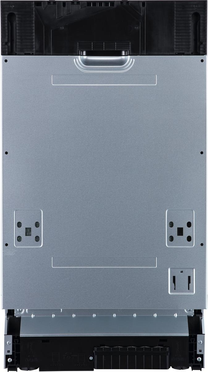 Tył zmywarki. Zmywarka jest srebrna i czarna.