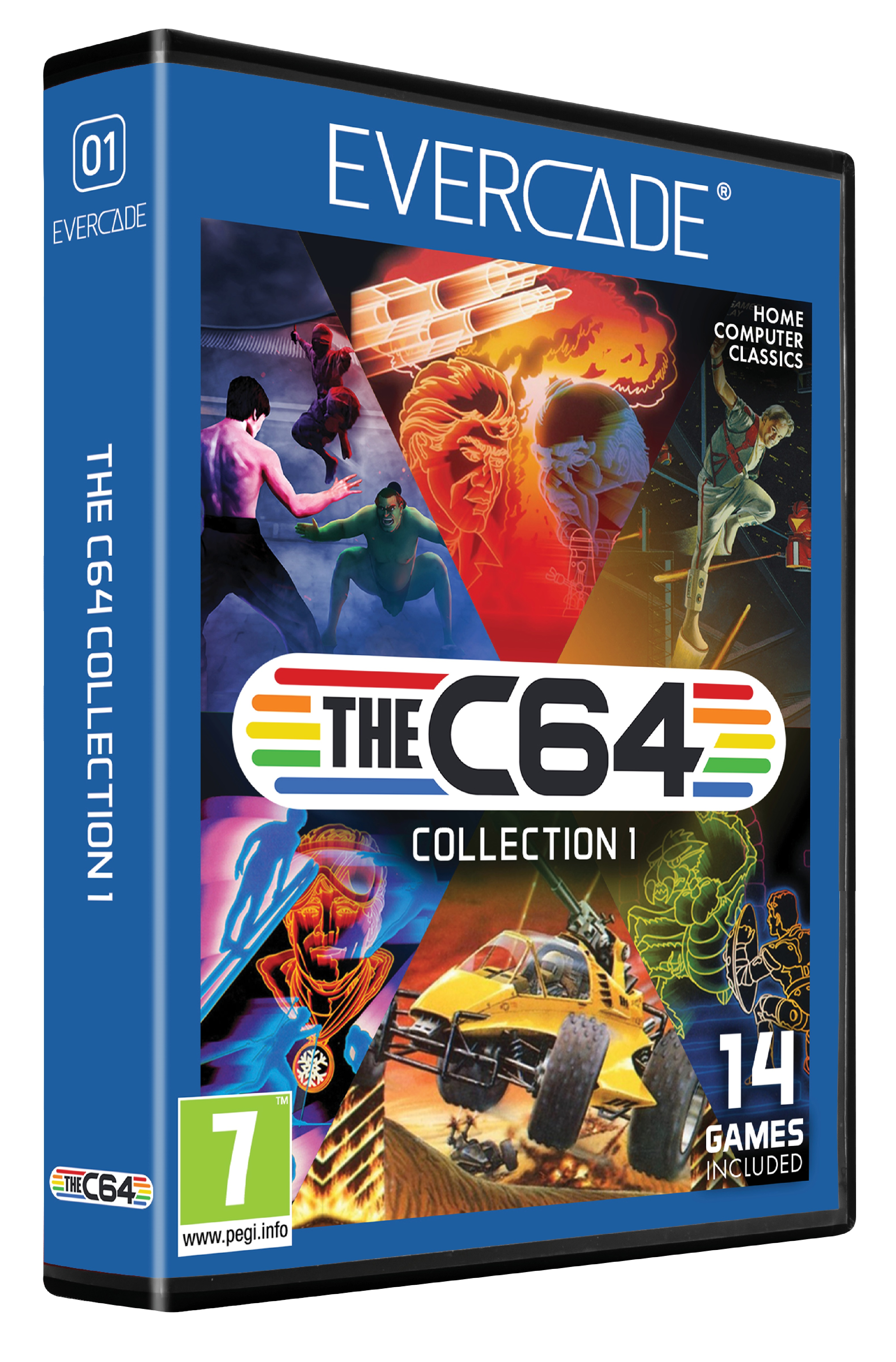 Pudełko z kartridżem do gier Evercade, niebieskie z grafiką i logo gry, kolekcja C64.