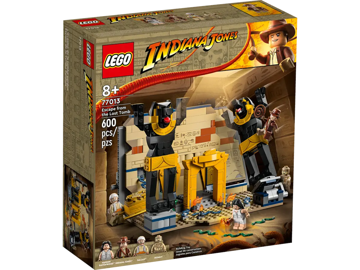 Zestaw Lego w pudełku. Motyw Indiana Jones. Zawiera figurki, scenę świątynną i słowa "Escape from the Lost Tomb".