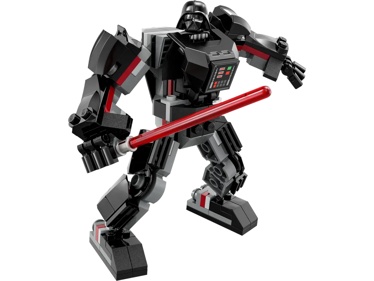 Figurka Lego Darth Vader. Figurka ma czerwony miecz świetlny.