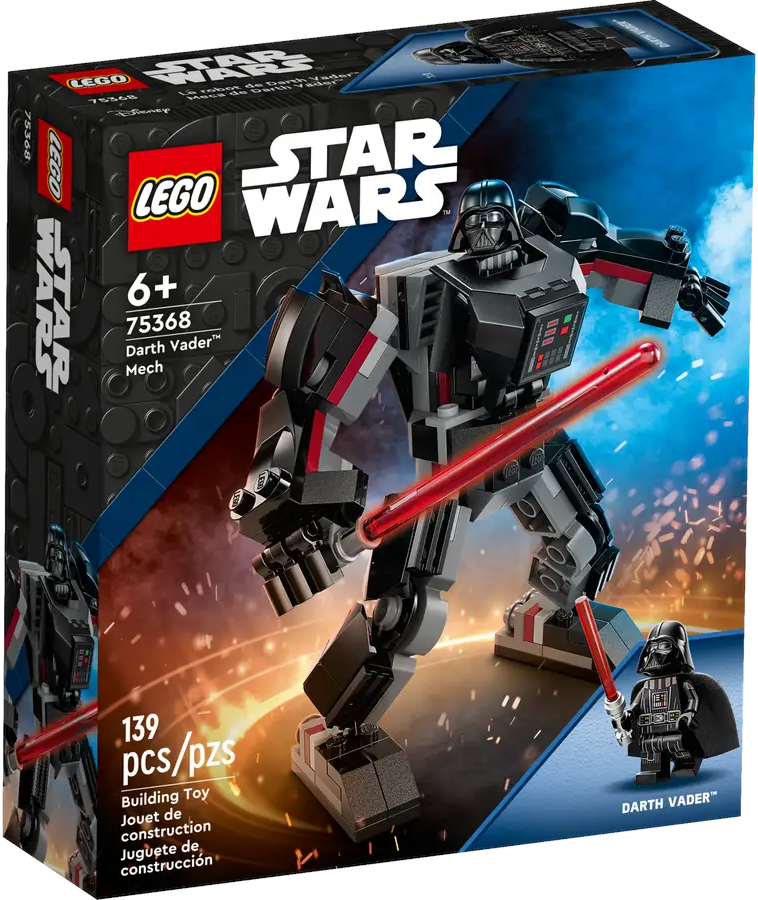 Pudełko zestawu Lego Darth Vader Mech z figurką i instrukcjami.