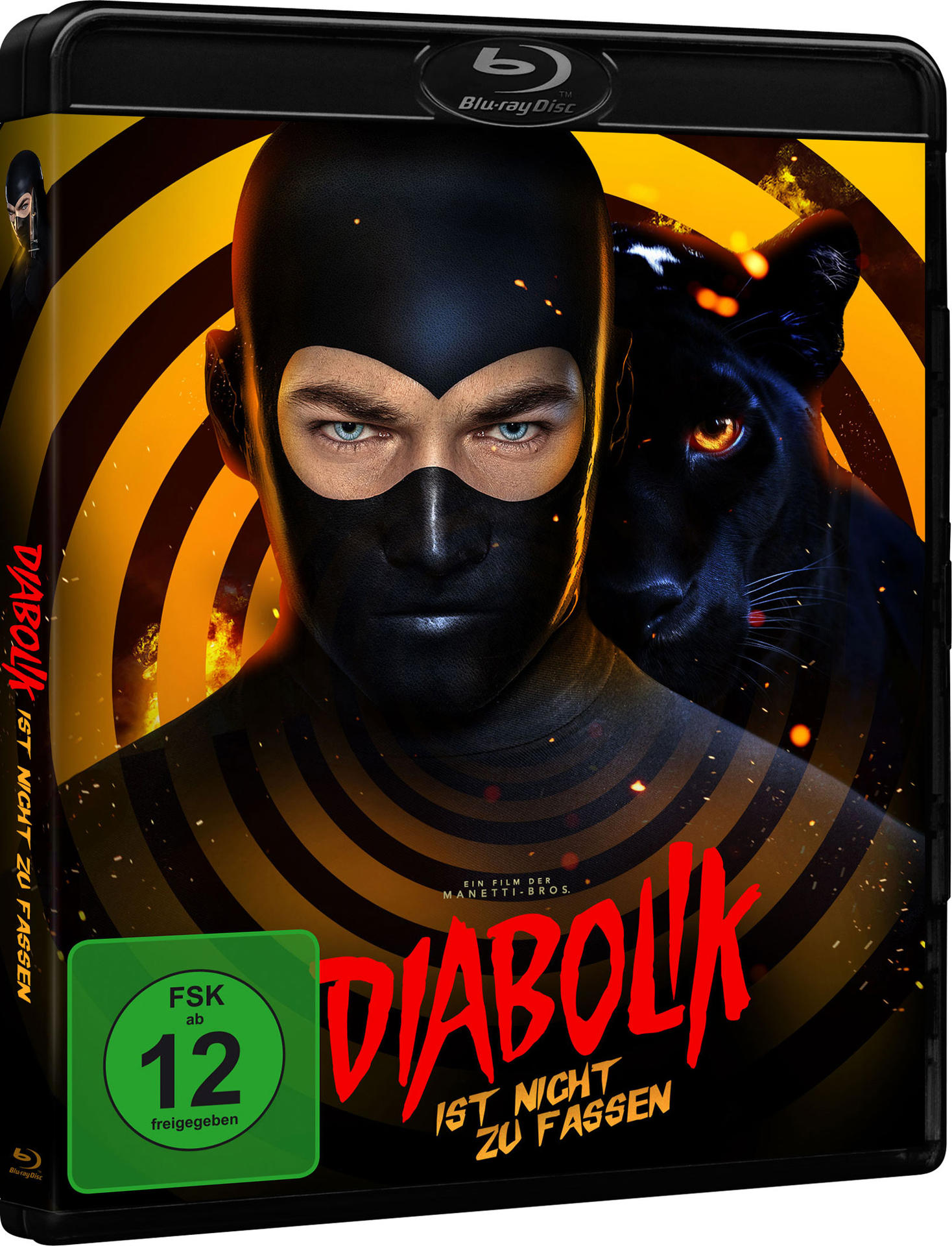 Filmcover: Mann mit schwarzer Maske, Panther und Text. Text: Diabolik. Ist Nicht Zu Fassen. Bewertung: FSK 12.