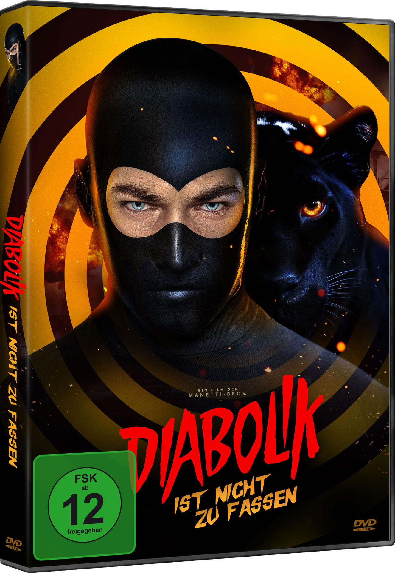 Eine DVD-Box mit einem Mann mit Maske und einem Panther auf dem Cover. Der Text lautet 'Diabolik'.