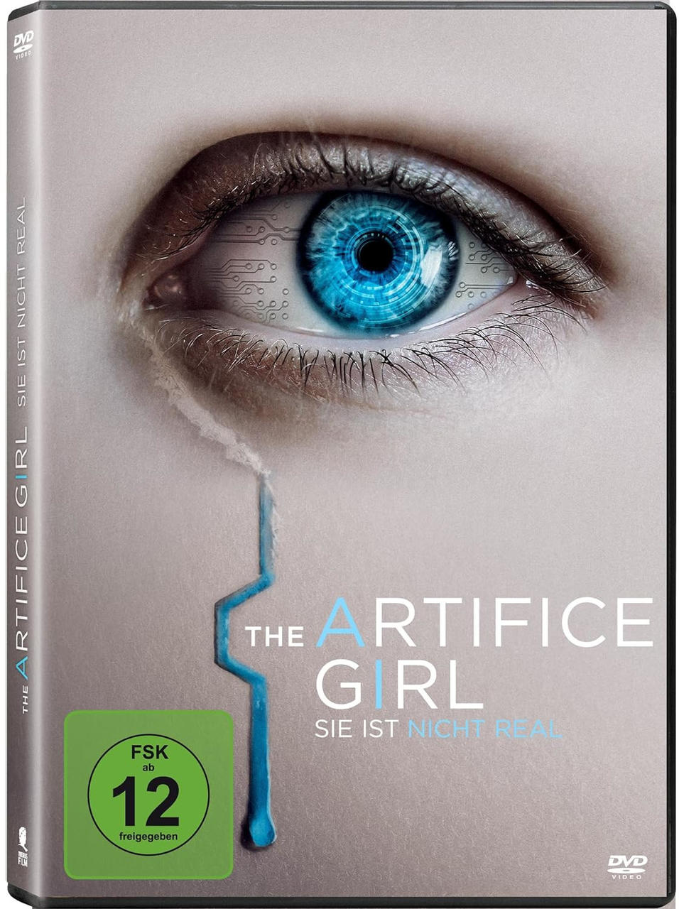 DVD-Cover für „The Artifice Girl“. Auge mit blauen Details. Titel und Bewertung.