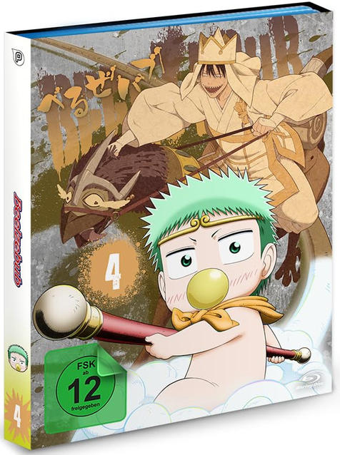 Anime-DVD-Box-Art. Ein Junge hält einen Stab. Ein gepanzerter Mann reitet auf einem Vogel.