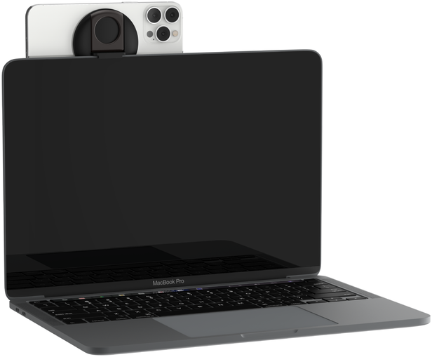 Laptop okostelefonnal a tetején. A telefon fekete, a laptop szürke.