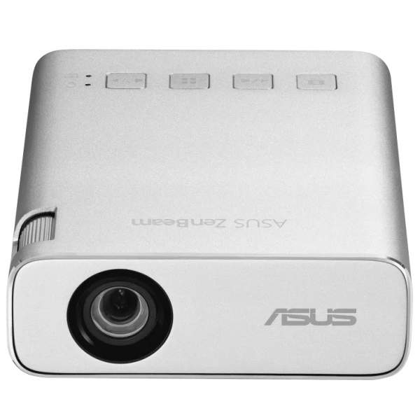 Srebrny projektor ASUS ZenBeam z przyciskami i obiektywem, na białej powierzchni.