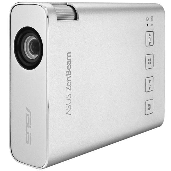 Srebrny projektor ASUS ZenBeam, widok z boku.