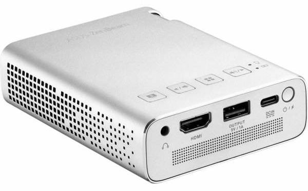 Srebrny projektor z przyciskami i portami. Widoczne wejścia HDMI, USB i zasilania.