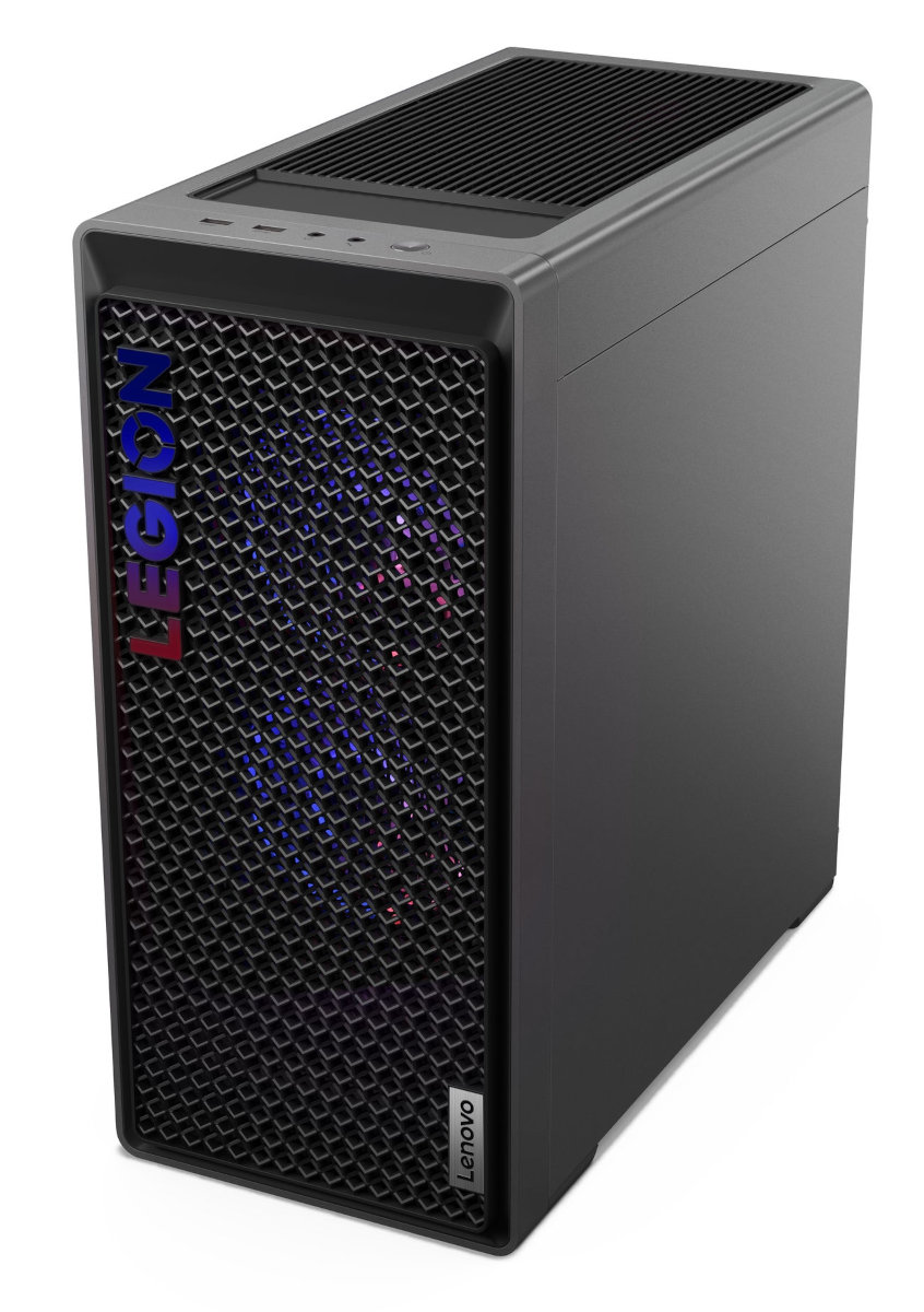 Czarna wieża PC Lenovo Legion z przednim panelem w kratkę i niebieskim logo Legion.