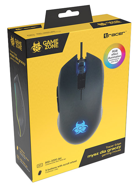 Mysz gamingowa w pudełku. Pudełko jest żółto-czarne ze zdjęciami myszy.