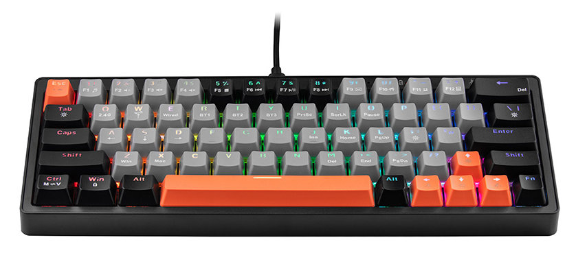 Czarna klawiatura z kolorowymi klawiszami. Widoczne pomarańczowe i szare klawisze.