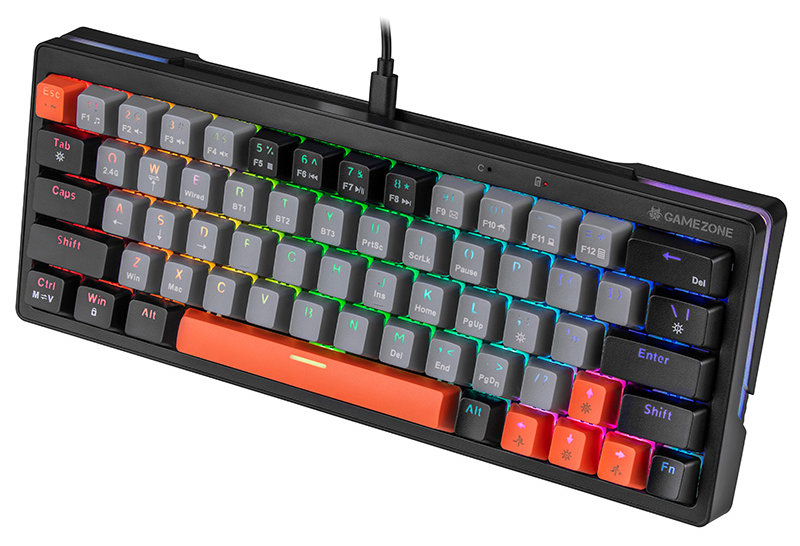 Czarna i szara klawiatura Gamezone z kolorowymi klawiszami. Klawisze są podświetlane RGB.