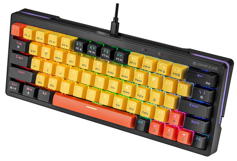 Czarna klawiatura mechaniczna z żółtymi i pomarańczowymi klawiszami, połączona czarnym kablem.