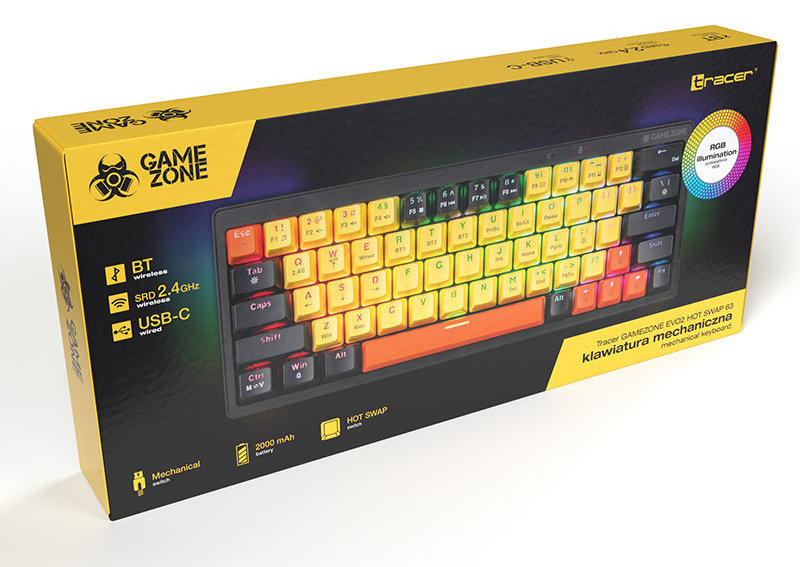 Klawiatura w pudełku, z kolorowymi klawiszami i tekstem o jej funkcjach.