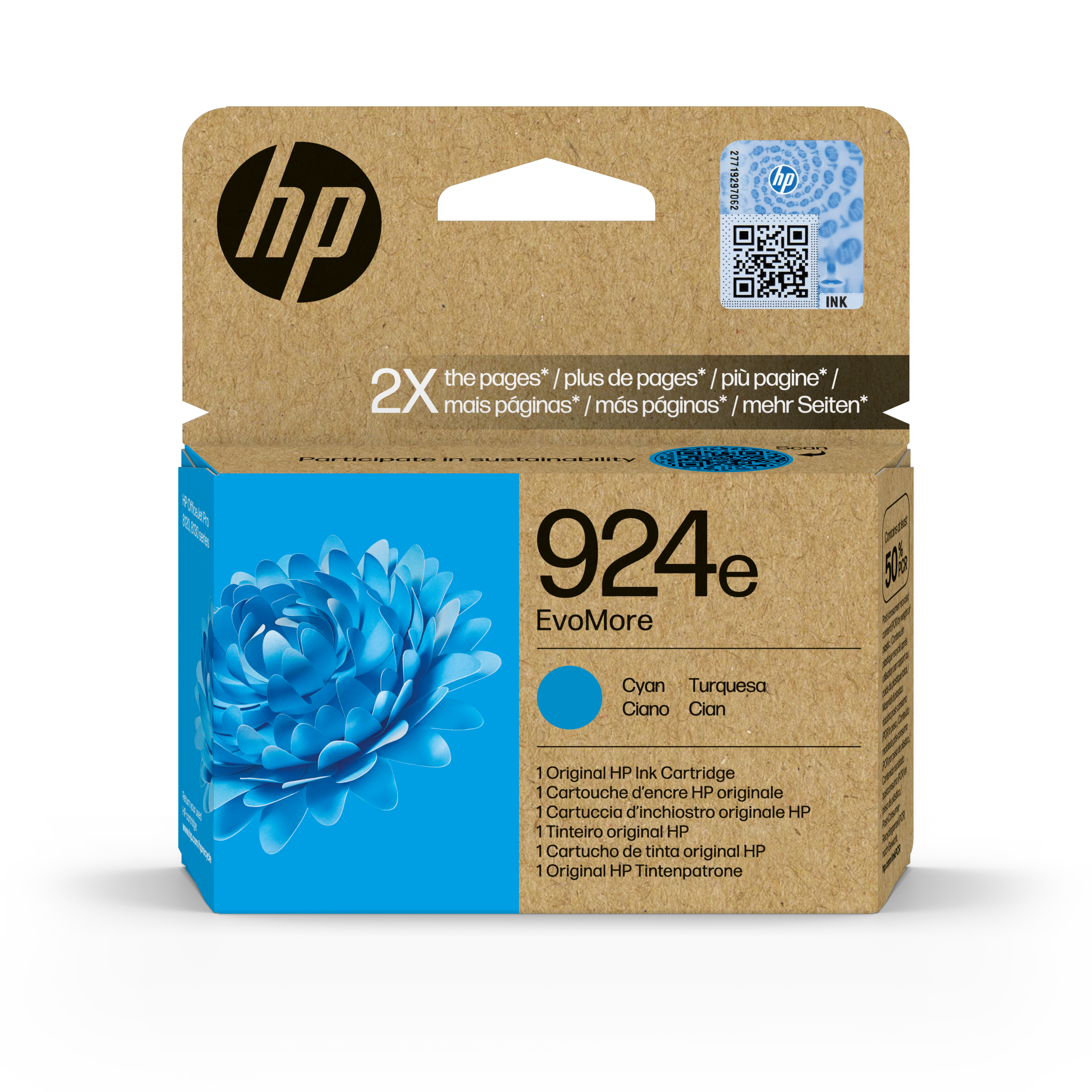 Blaue HP-Tintenpatronenbox. Enthält eine blaue Blumengrafik und Produktinformationen.